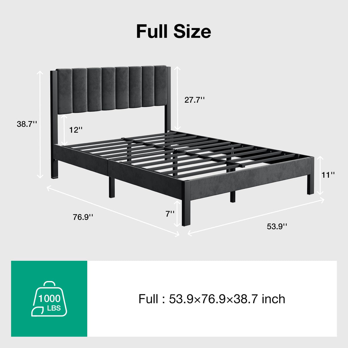 Full Size Metal Platform Bed Frame with Velvet Black Headboard and Footboard S6869