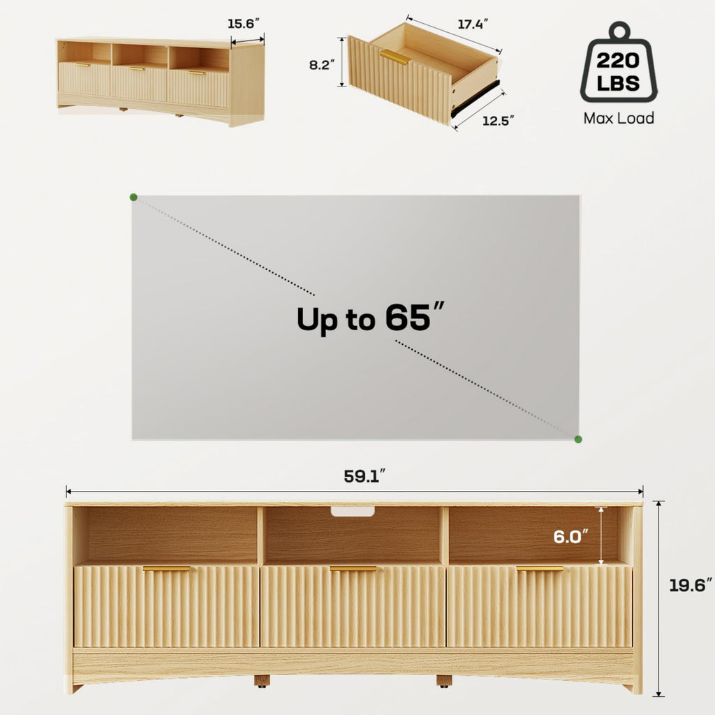 Oak Fluted TV Stand for 65 inch TV with Drawers P44541