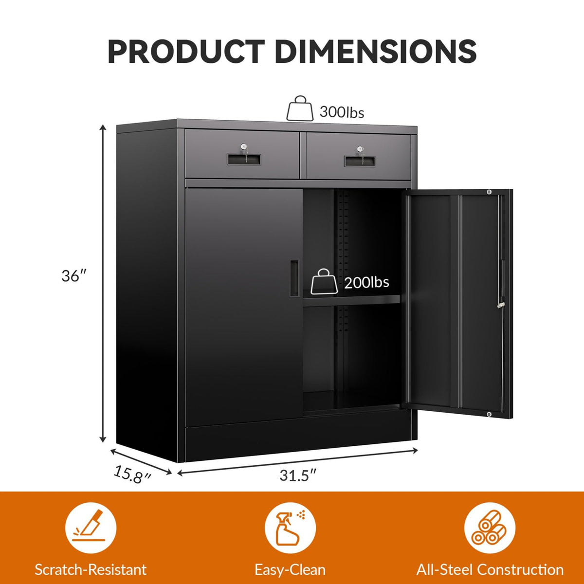 Black Metal Storage Cabinet with 2 Drawers B677