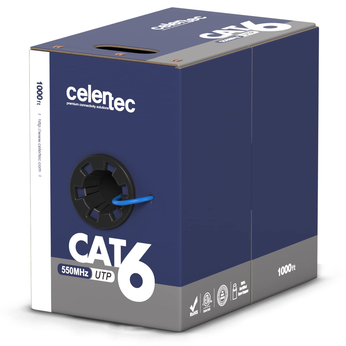 CAT6 Ethernet Cable, 1000ft, 23AWG Solid Bare Copper, UTP, Indoor, Blue H617715