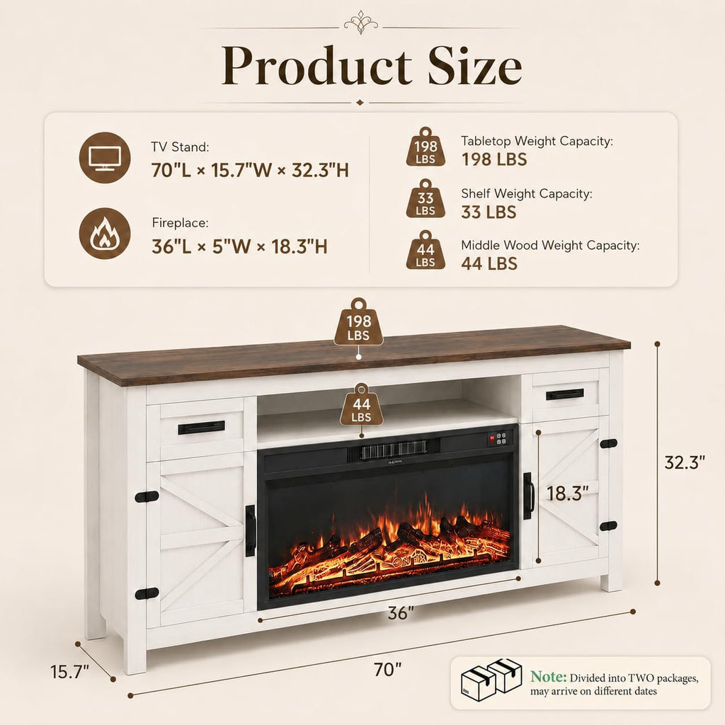 White 70 inch Fireplace TV Stand with Barn Door Y250117