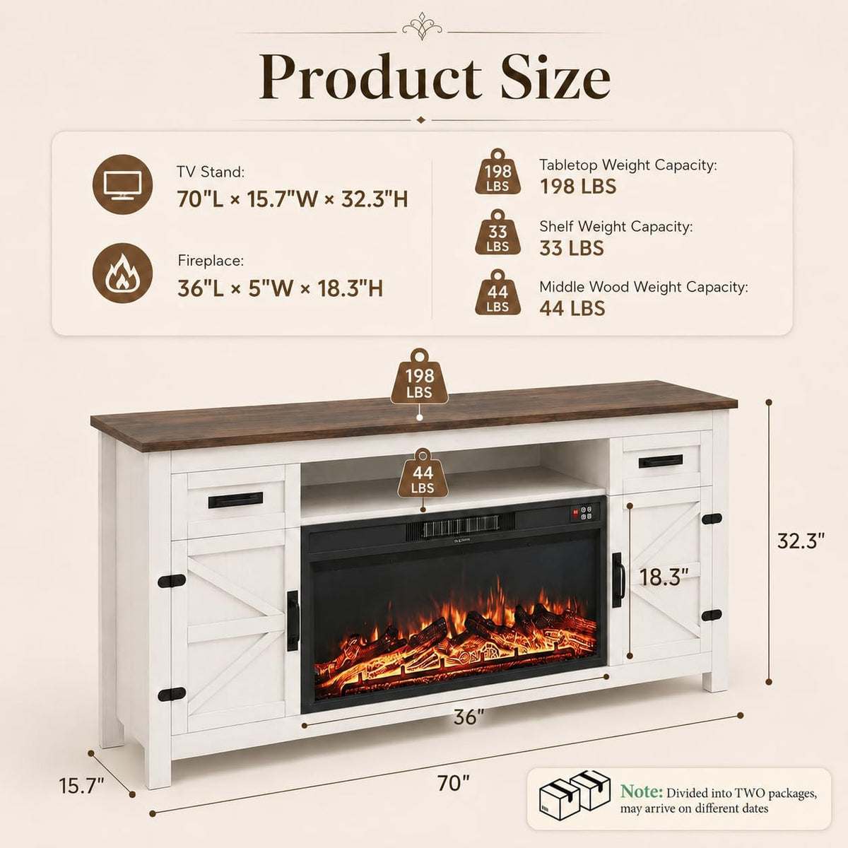 White 70 inch Fireplace TV Stand with Barn Door Y250117