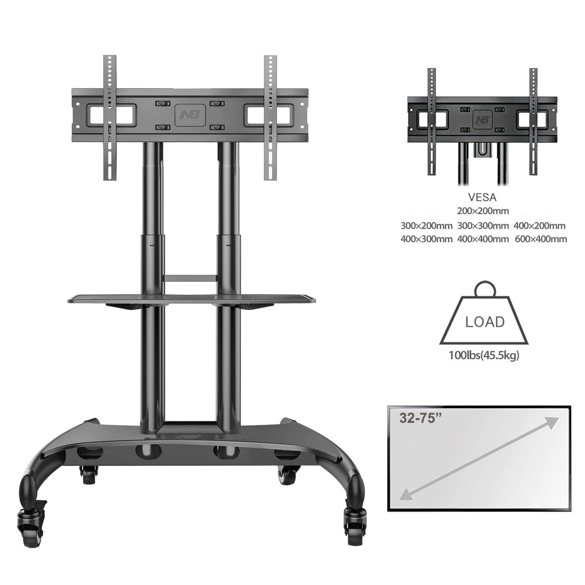 Rolling TV Stand with Wheels for 32 to 75 Inch Flat Panel Screens O9069
