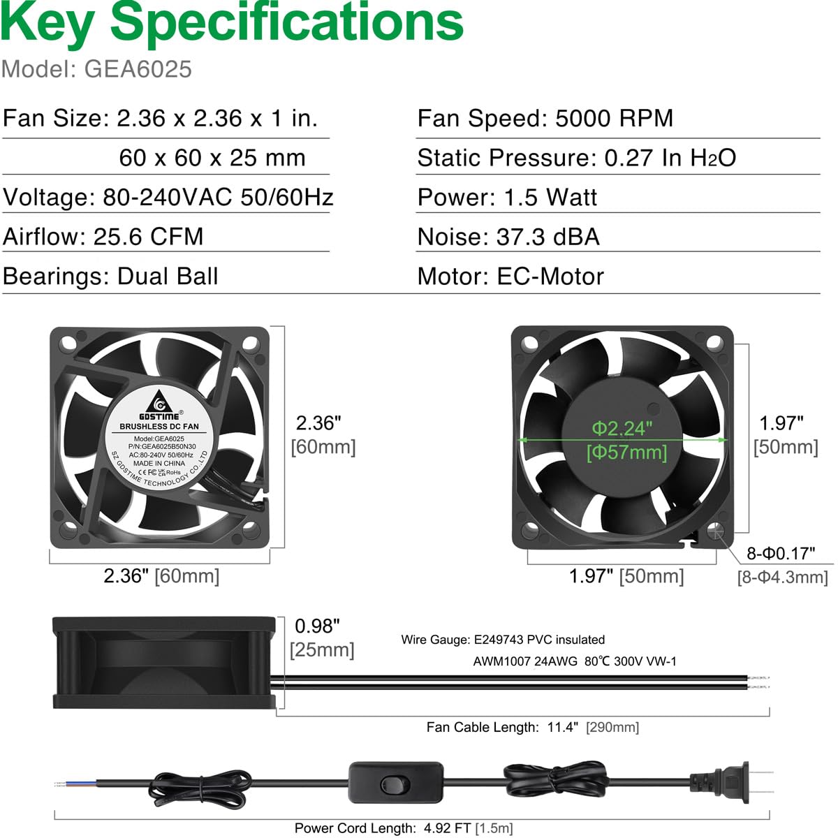 EC Cooling Fan 60mm x 60mm x 25mm AC 110V 240V Dual Ball Bearings Pack of 2 X550