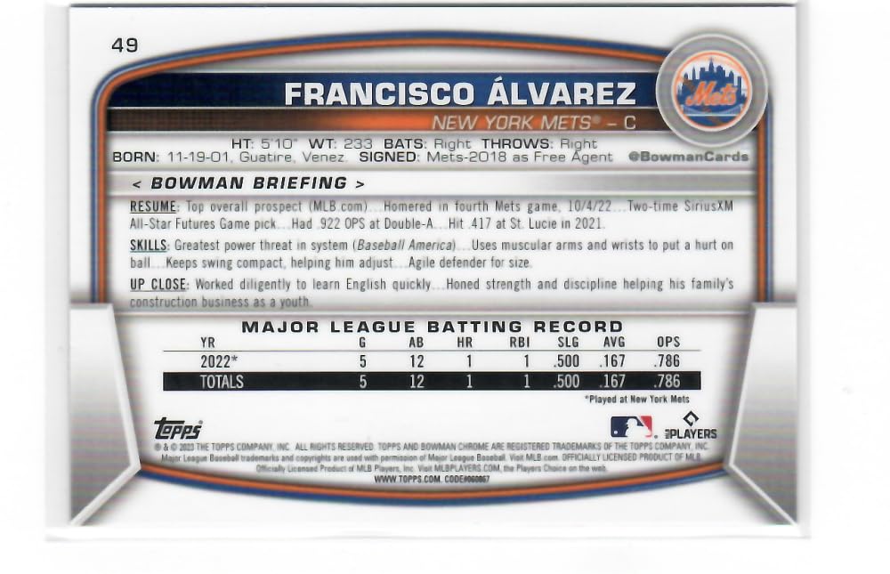 2023 Bowman Chrome Mega Box Mojo Refractor Red #49 Francisco Alvarez RC Baseball Card E301