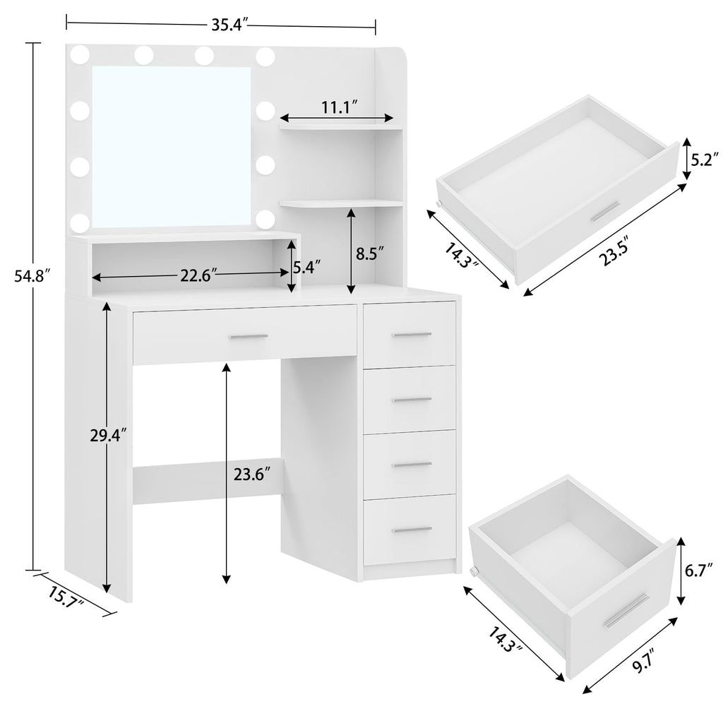 White Vanity Desk with Mirror & Lights, 5 Drawers & Storage Shelves Z878244