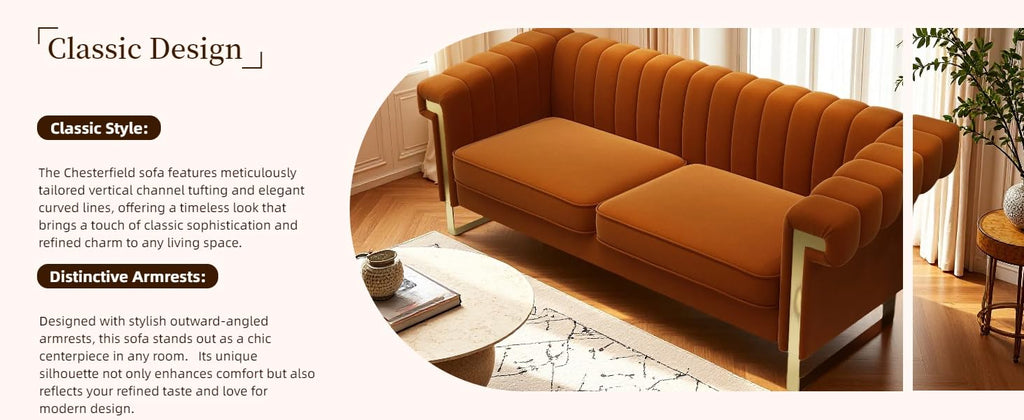Orange Velvet 3 Seater Sofa with Gold Metal Legs H6030