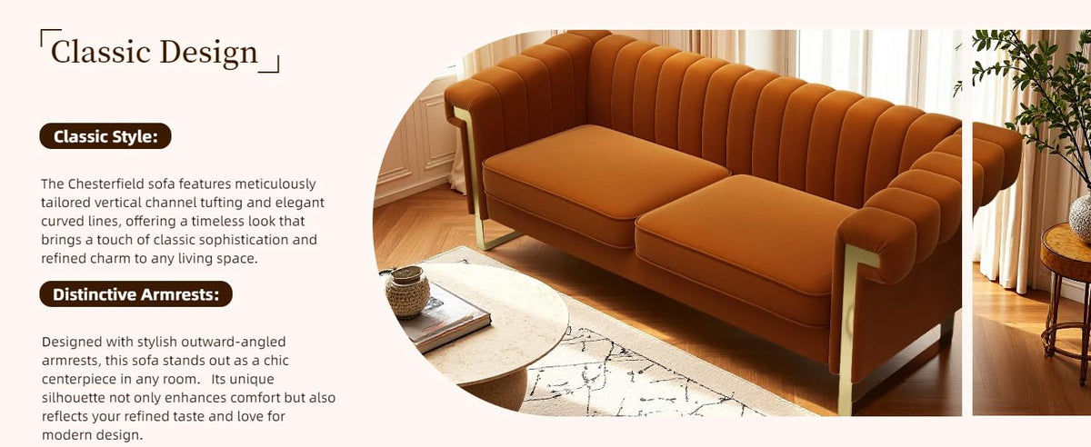 Orange Velvet 3 Seater Sofa with Gold Metal Legs H6030