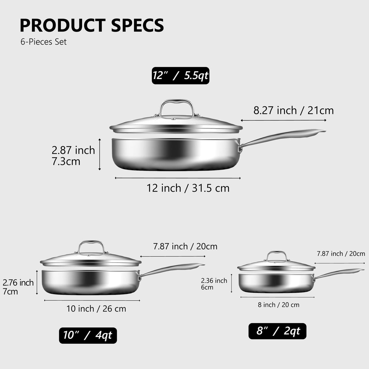 8, 10 and 12-Inch Non Stick Ceramic Frying Pans with Lids C5951