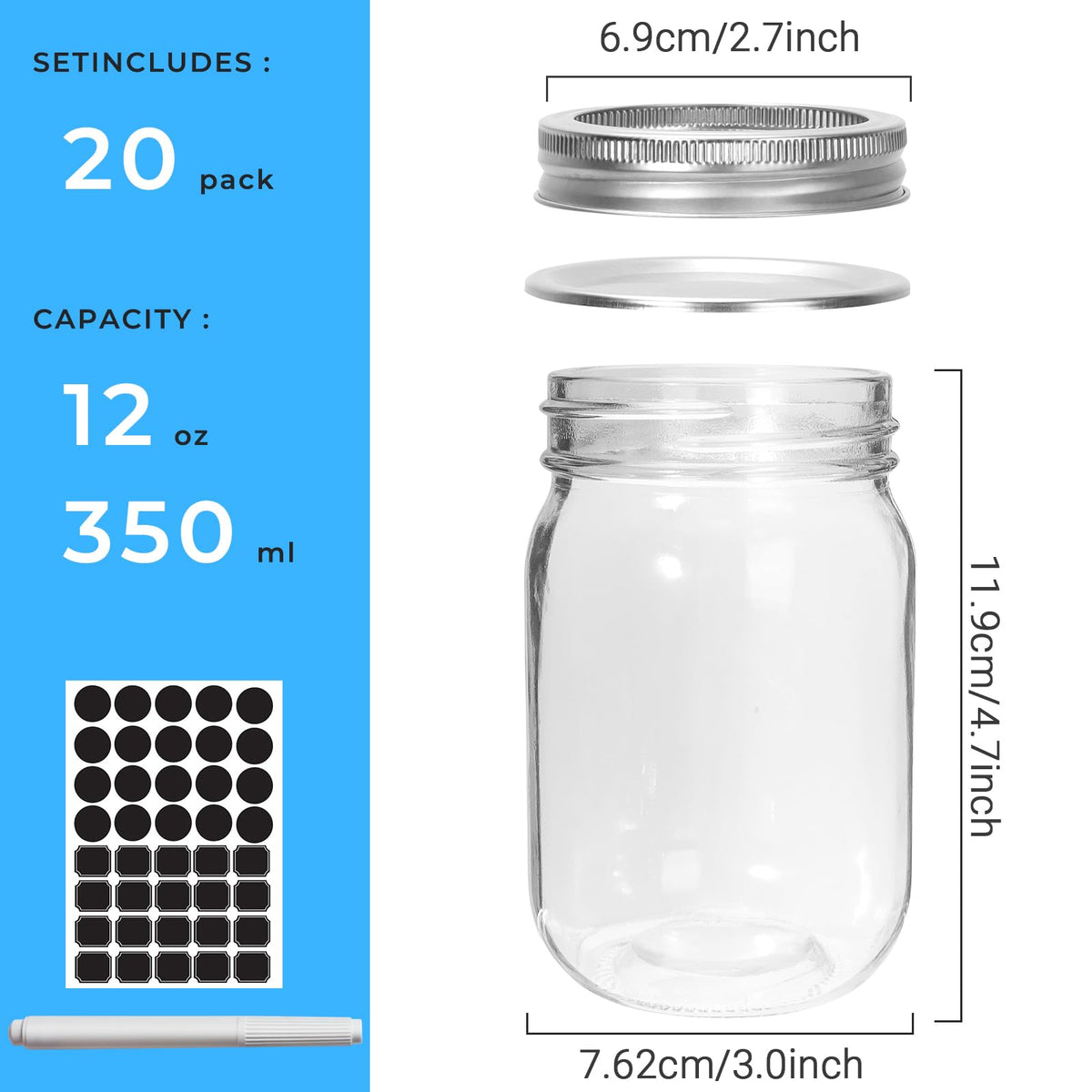 12 oz 20 Pack Glass Mason Jars with Airtight Lids G25121