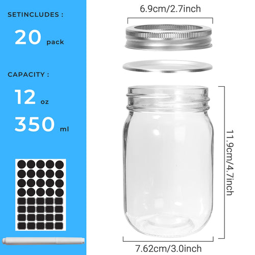12 oz 20 Pack Glass Mason Jars with Airtight Lids G25121