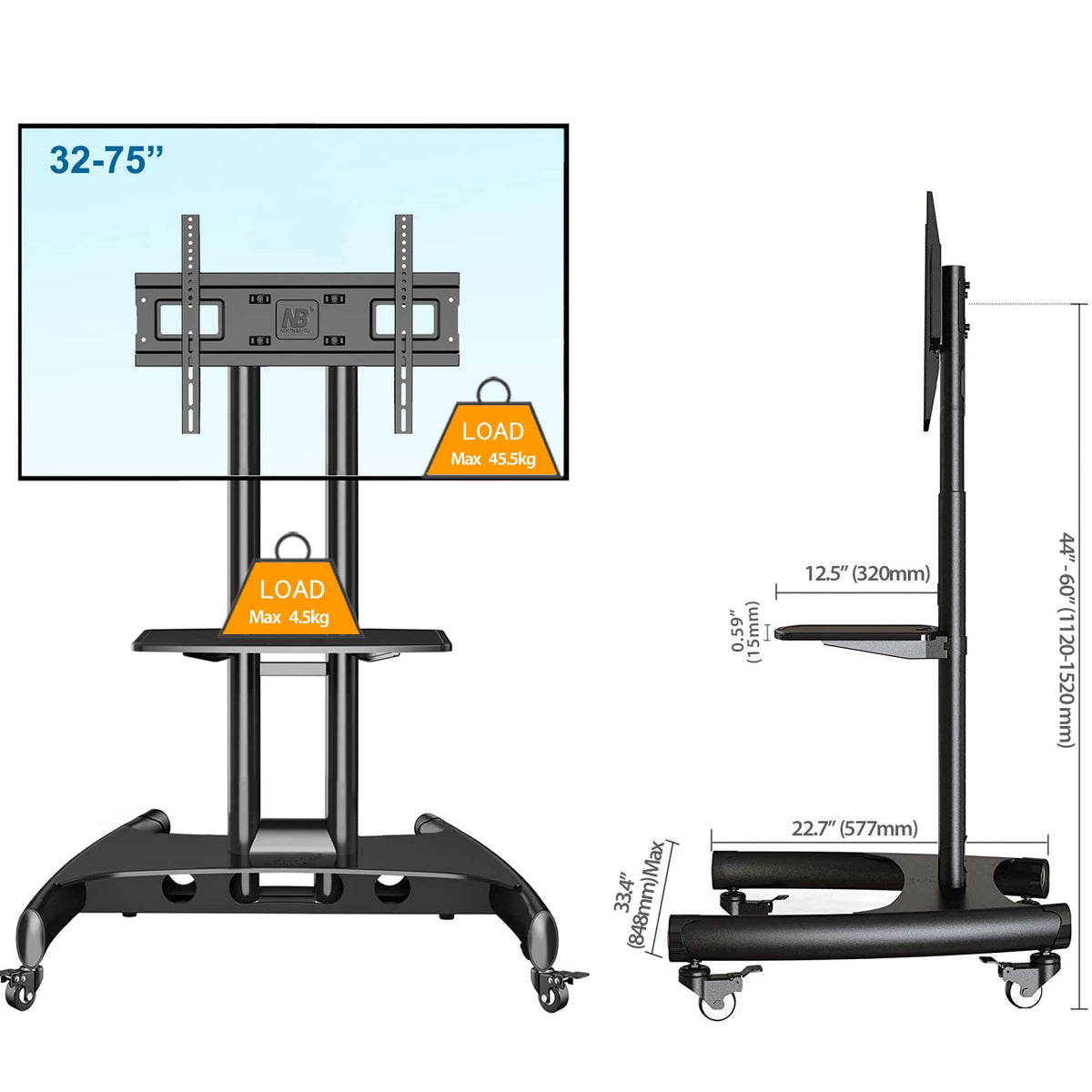 Rolling TV Stand with Wheels for 32 to 75 Inch Flat Panel Screens O9069