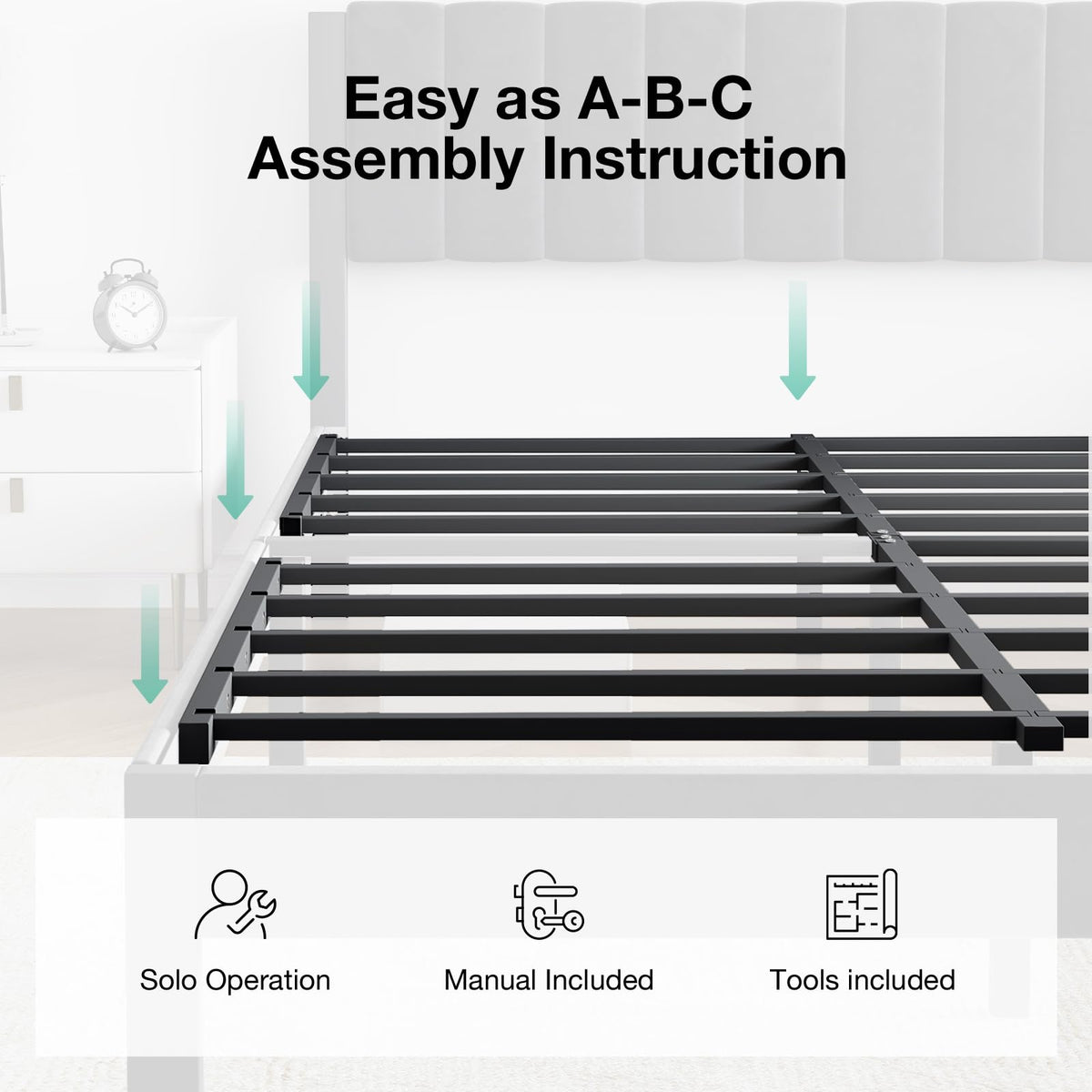 Full Size Metal Platform Bed Frame with Velvet Black Headboard and Footboard S6869
