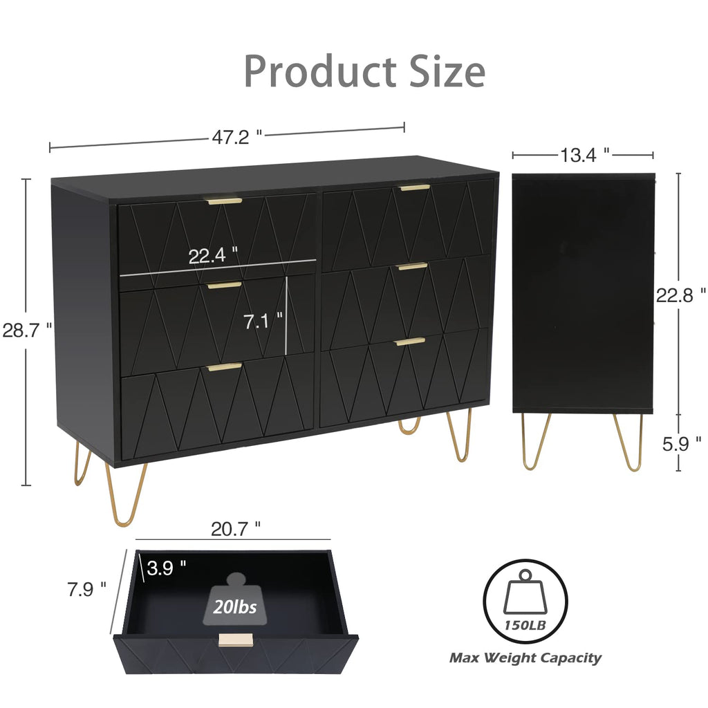 Black 6 Drawer Dresser and 2 Drawer Nightstand Set of 2 F761640