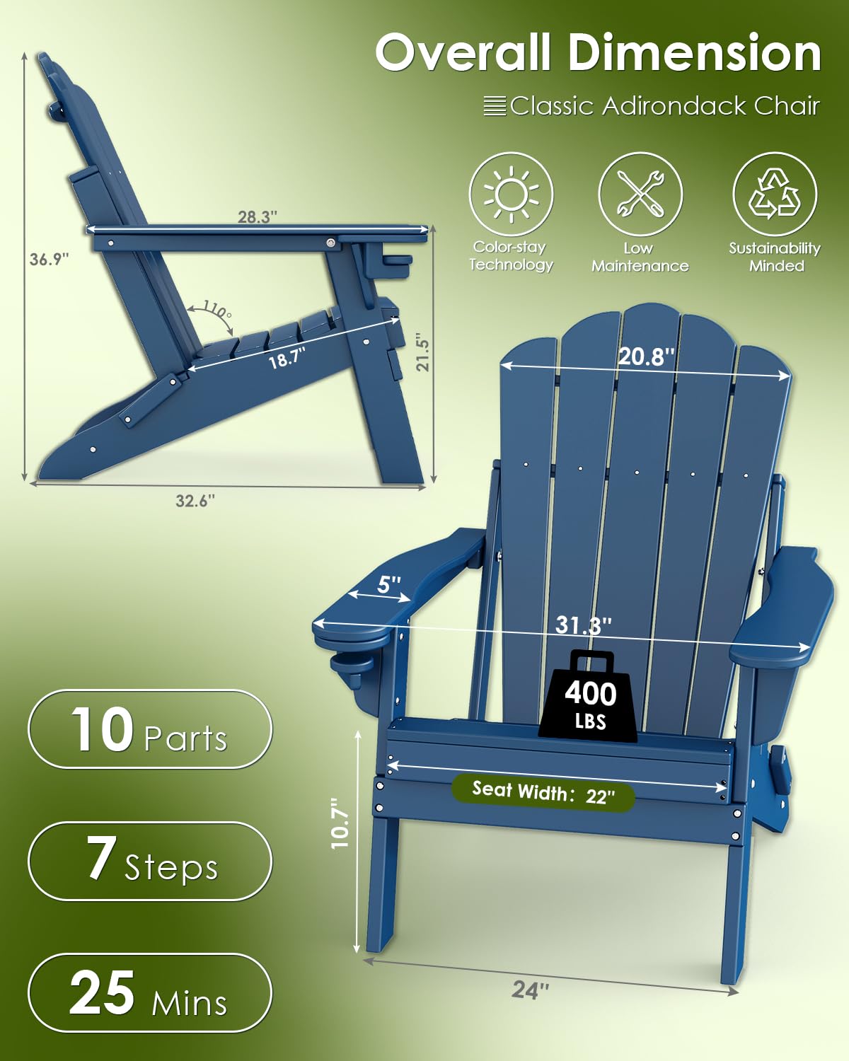 Oversized Folding Adirondack Chairs Set of 2 Blue S1891