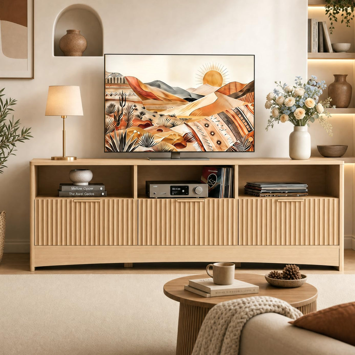Oak Fluted TV Stand for 65 inch TV with Drawers P44541