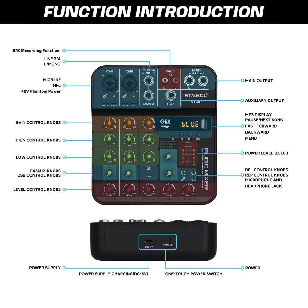 4 Channel Audio Mixer with USB BT 48V Phantom Power A383623