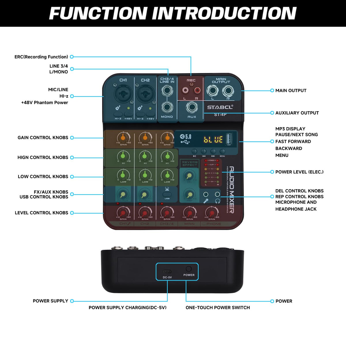 4 Channel Audio Mixer with USB BT 48V Phantom Power A383623