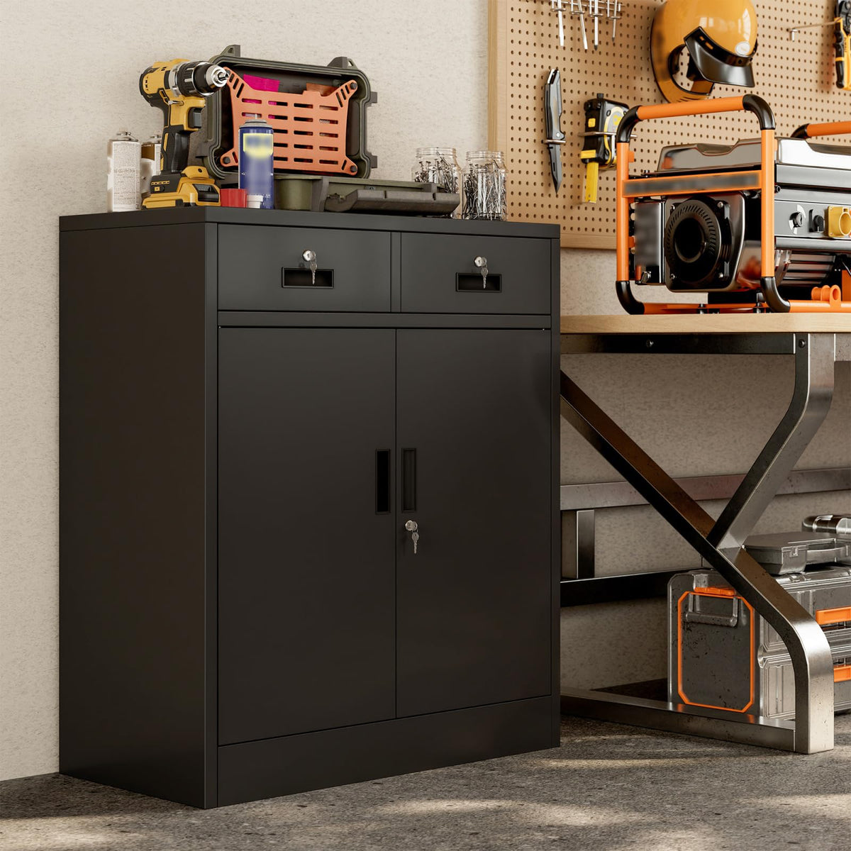 Black Metal Storage Cabinet with 2 Drawers B677