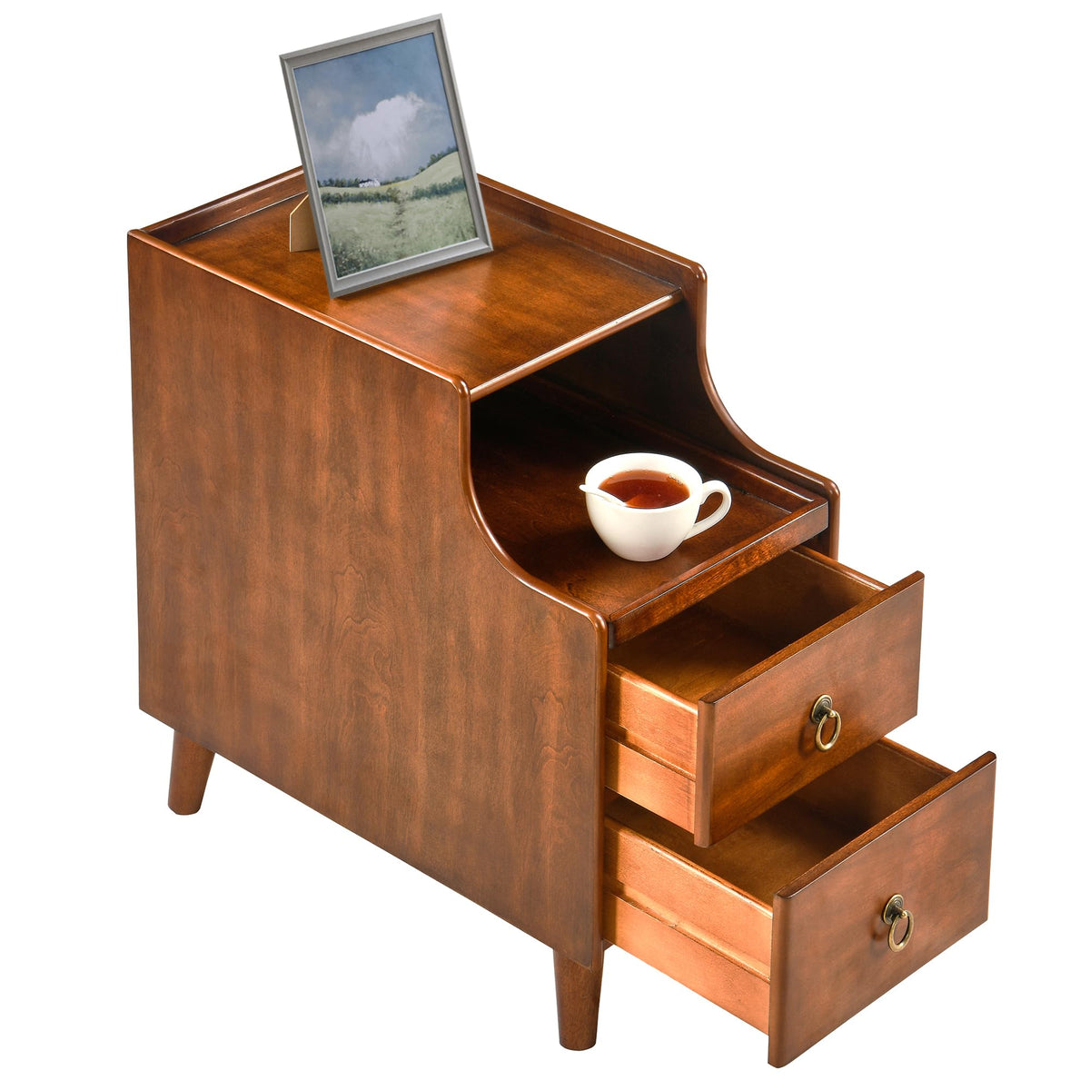 Solid Wood Narrow Nightstand with 2 Drawers I6364