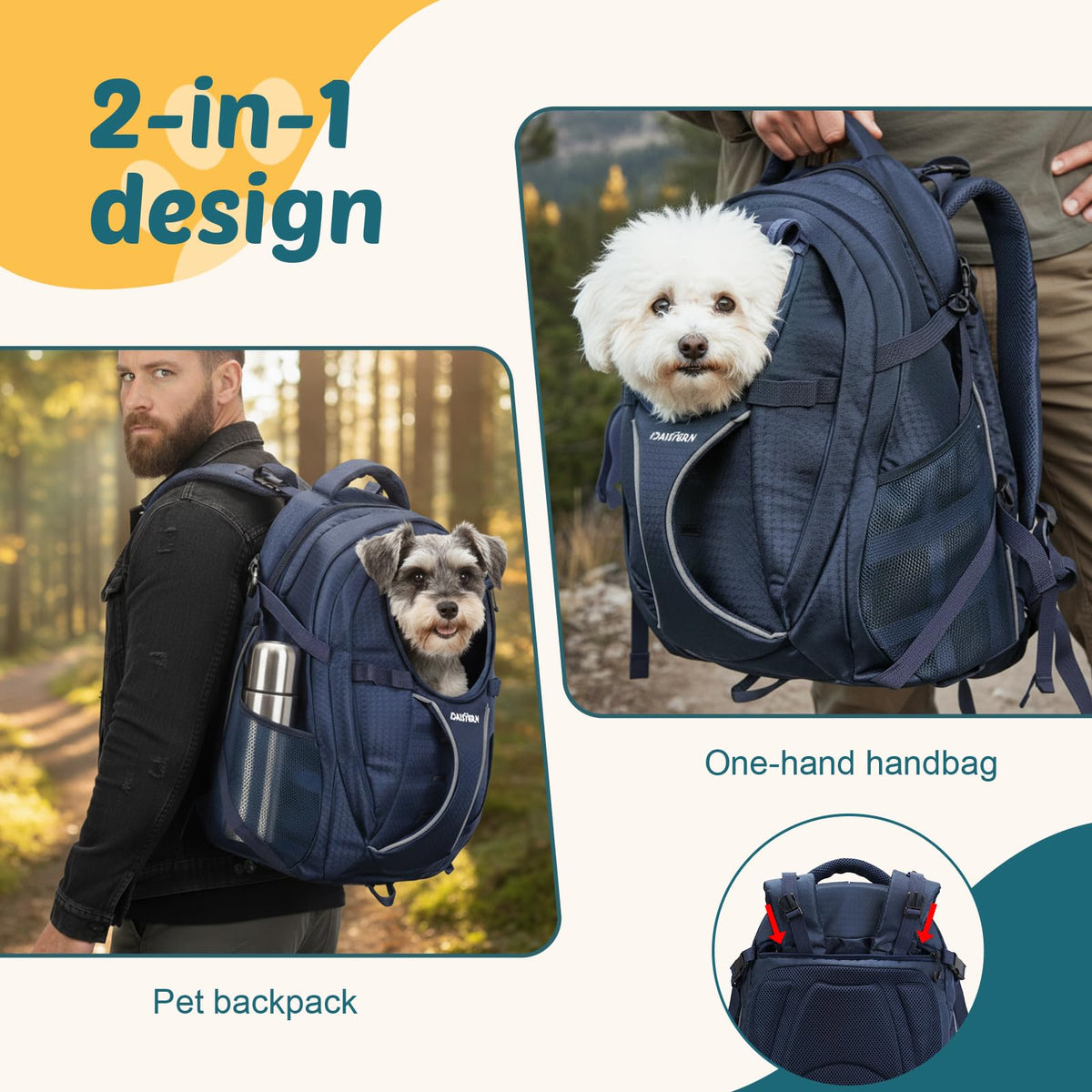 Dog Backpack Carrier, 2-in-1 Foldable 18 lbs Nylon Pet Travel Bag D379