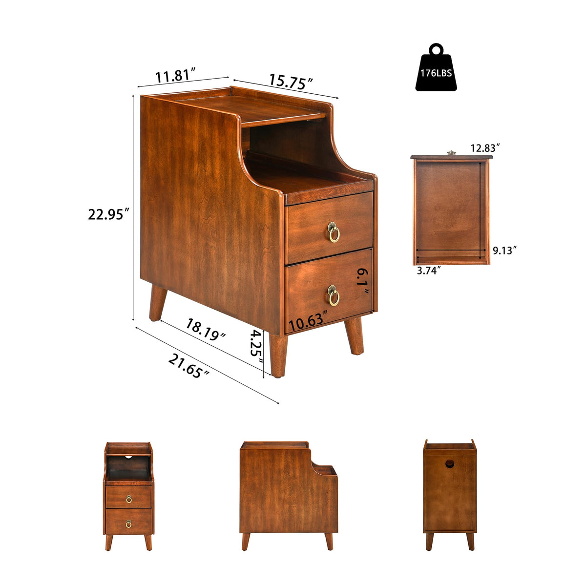 Solid Wood Narrow Nightstand with 2 Drawers I6364