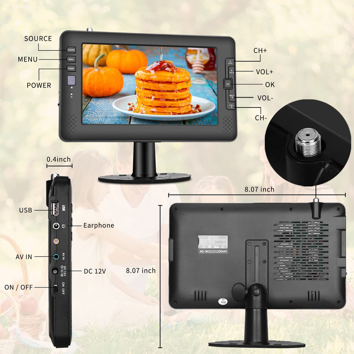 9" IPS Screen Portable TV with ATSC Tuner and Rechargeable Battery U460264