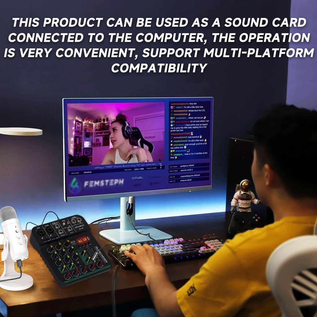 4 Channel Audio Mixer with USB BT 48V Phantom Power A383623