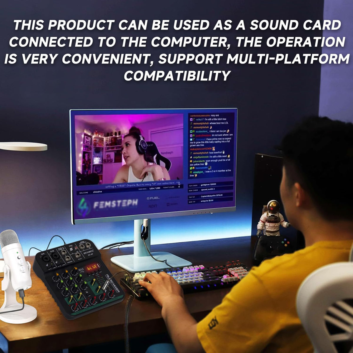 4 Channel Audio Mixer with USB BT 48V Phantom Power A383623
