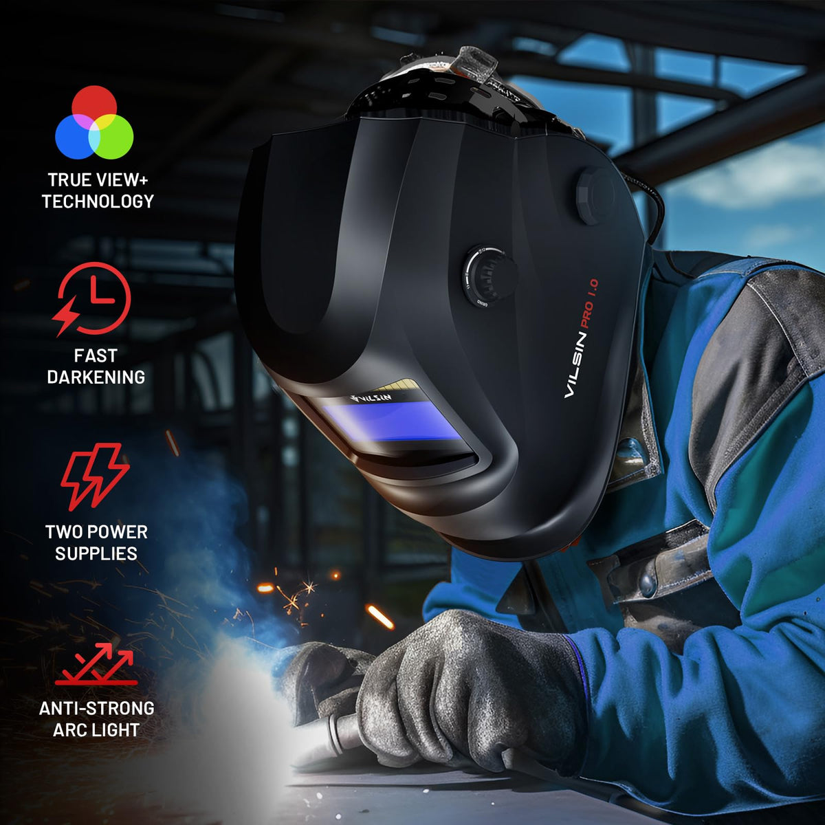 Auto Darkening Solar Powered Welding Helmet with 2 Arc Sensor, Black Z219