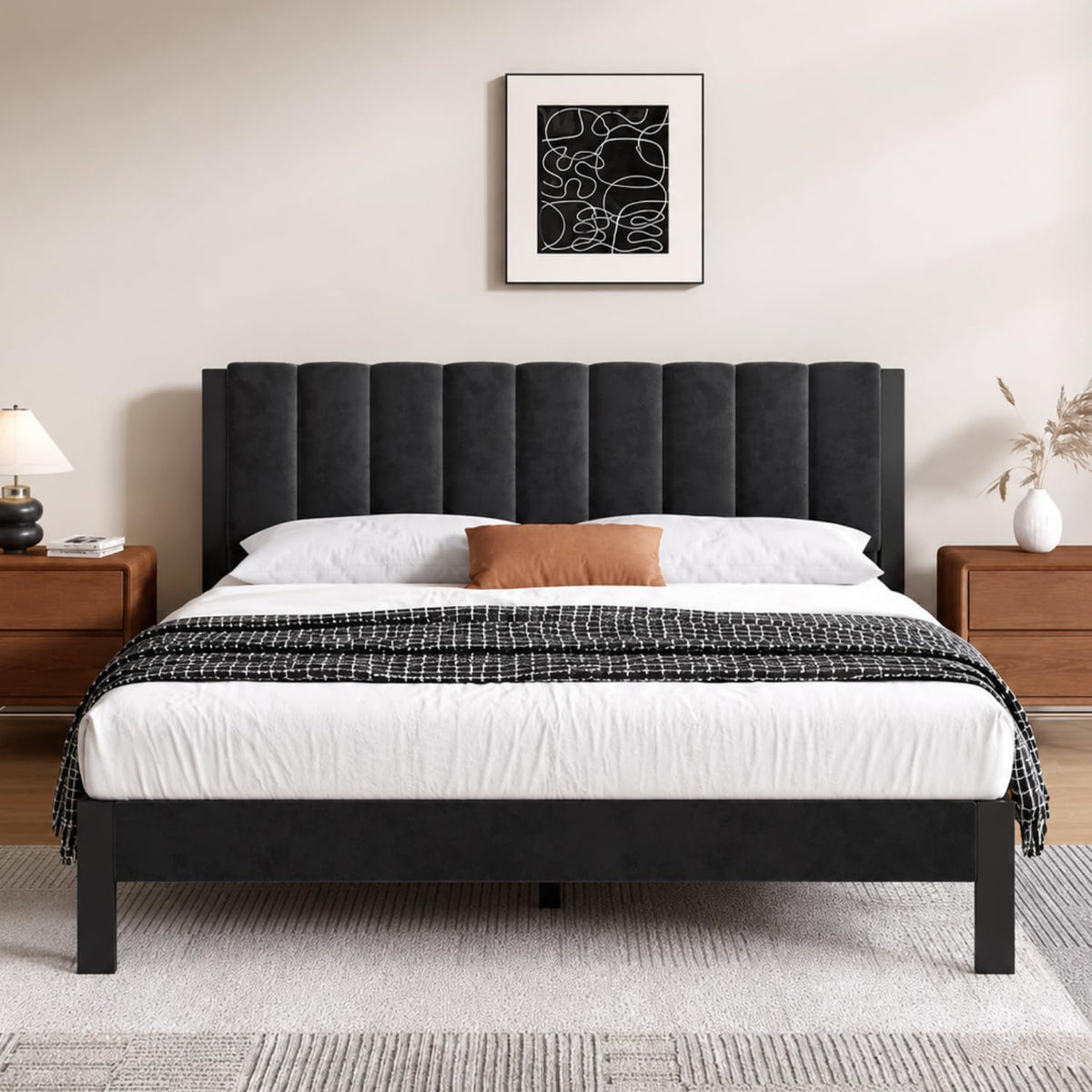 Full Size Metal Platform Bed Frame with Velvet Black Headboard and Footboard S6869