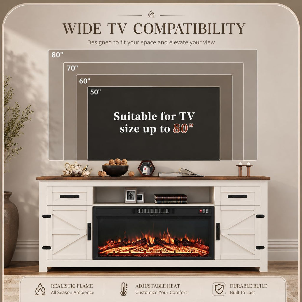 White 70 inch Fireplace TV Stand with Barn Door Y250117