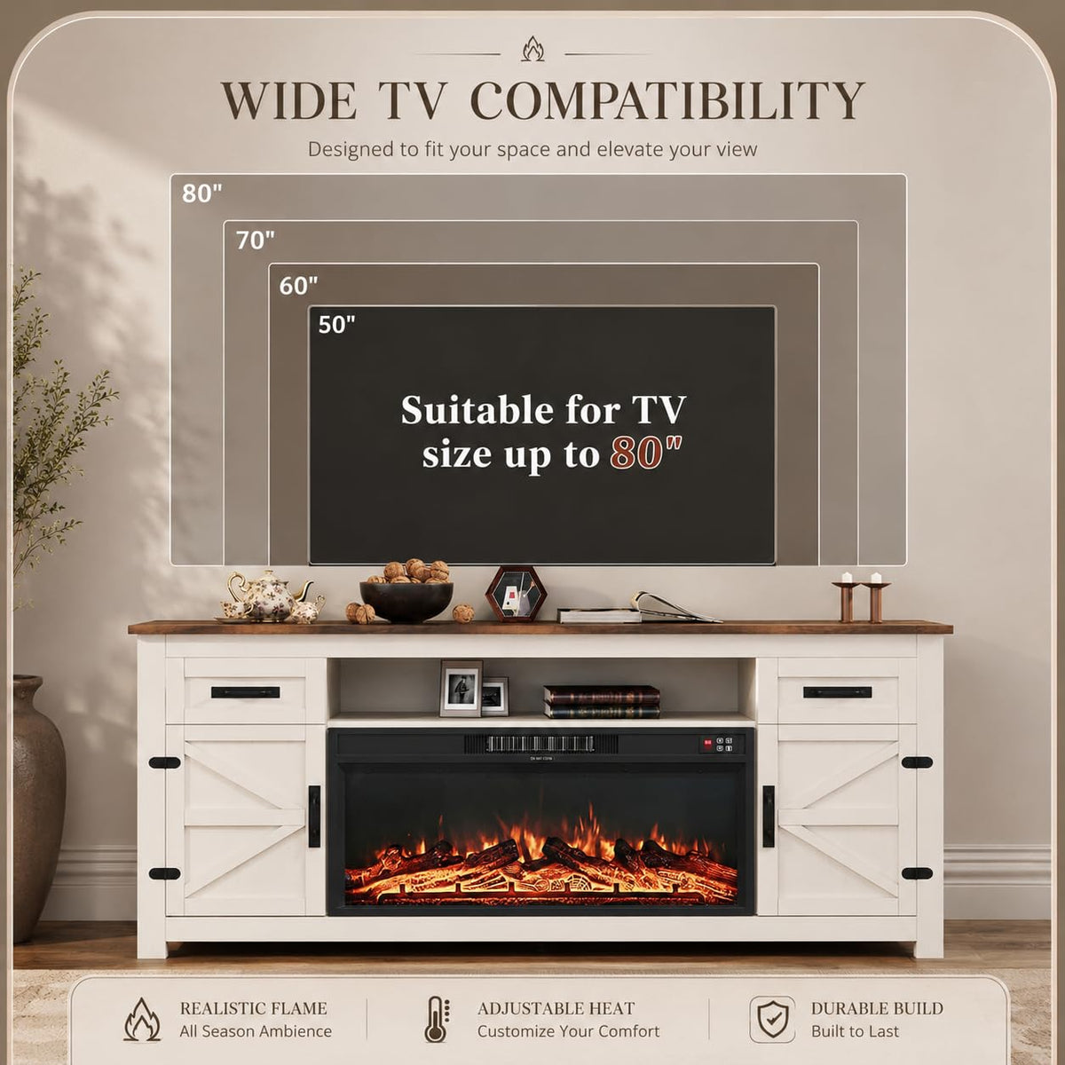White 70 inch Fireplace TV Stand with Barn Door Y250117