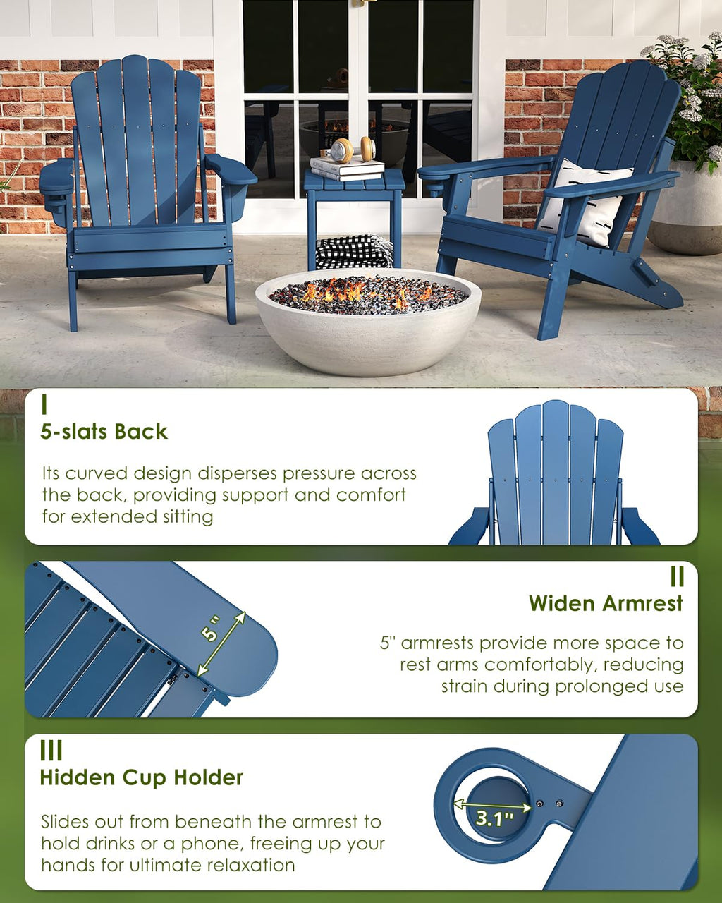 Oversized Folding Adirondack Chairs Set of 2 Blue S1891