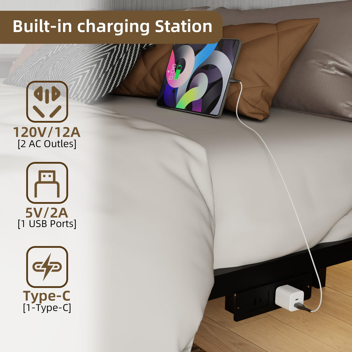 King Size Metal Platform Bed Frame with Charging Station and LED Lights F53552