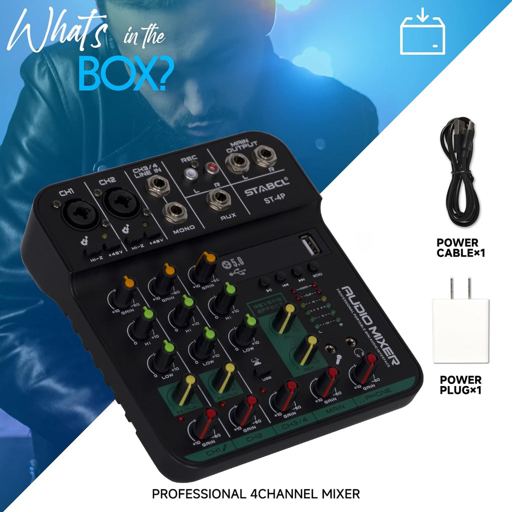 4 Channel Audio Mixer with USB BT 48V Phantom Power A383623