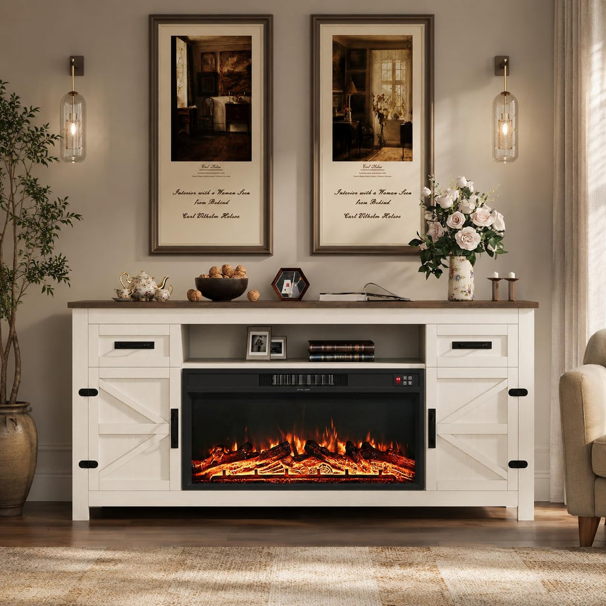 White 70 inch Fireplace TV Stand with Barn Door Y250117