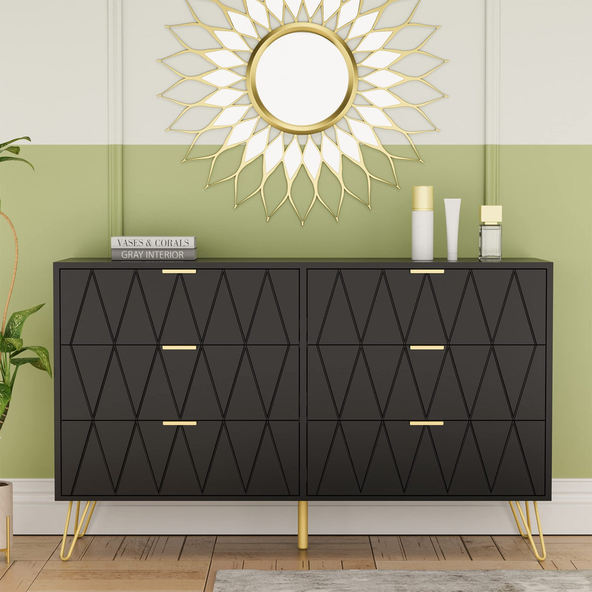 Black 6 Drawer Dresser and 2 Drawer Nightstand Set of 2 F761640