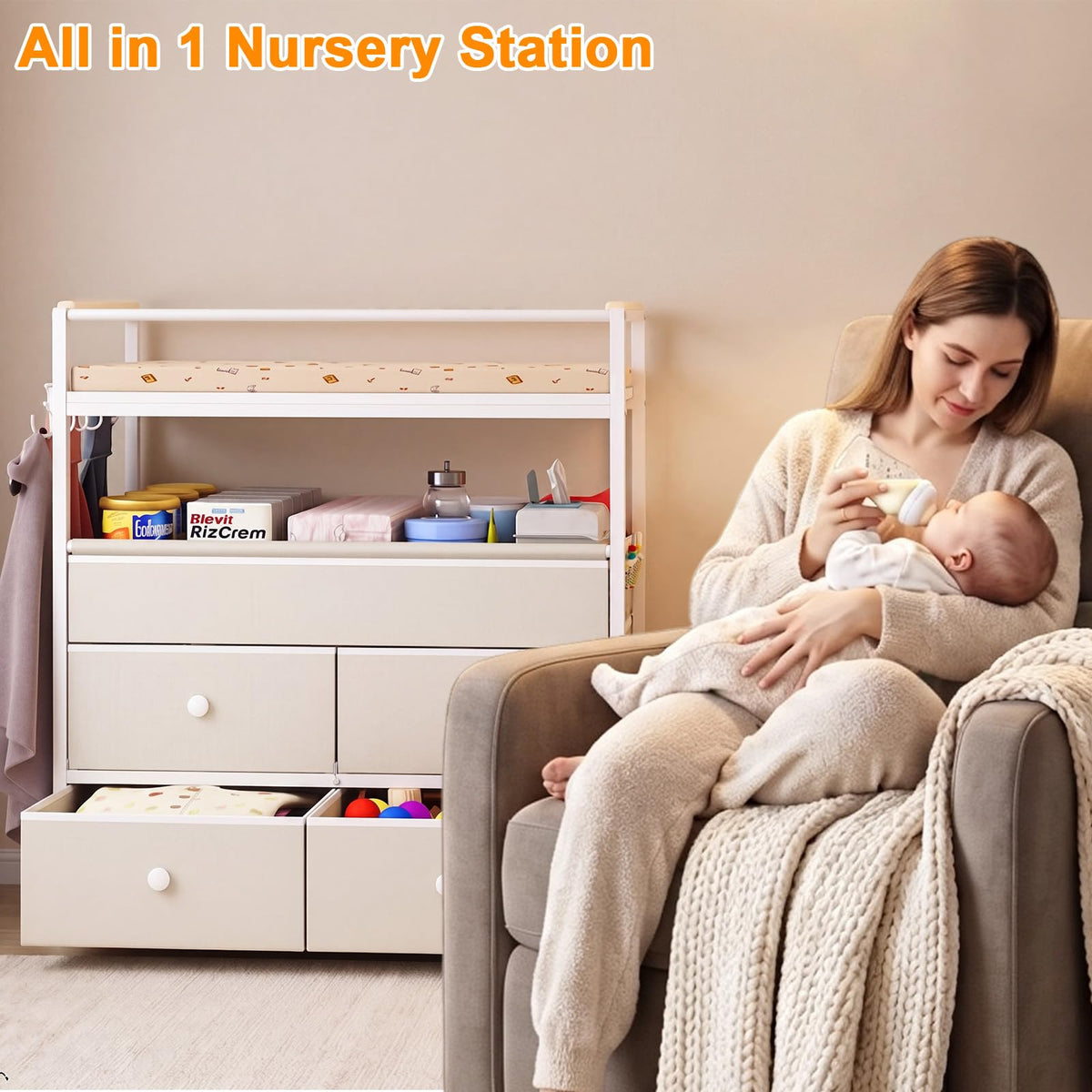 Baby Diaper Changing Table Dresser with Safety Bumper and 4 Drawer A78981