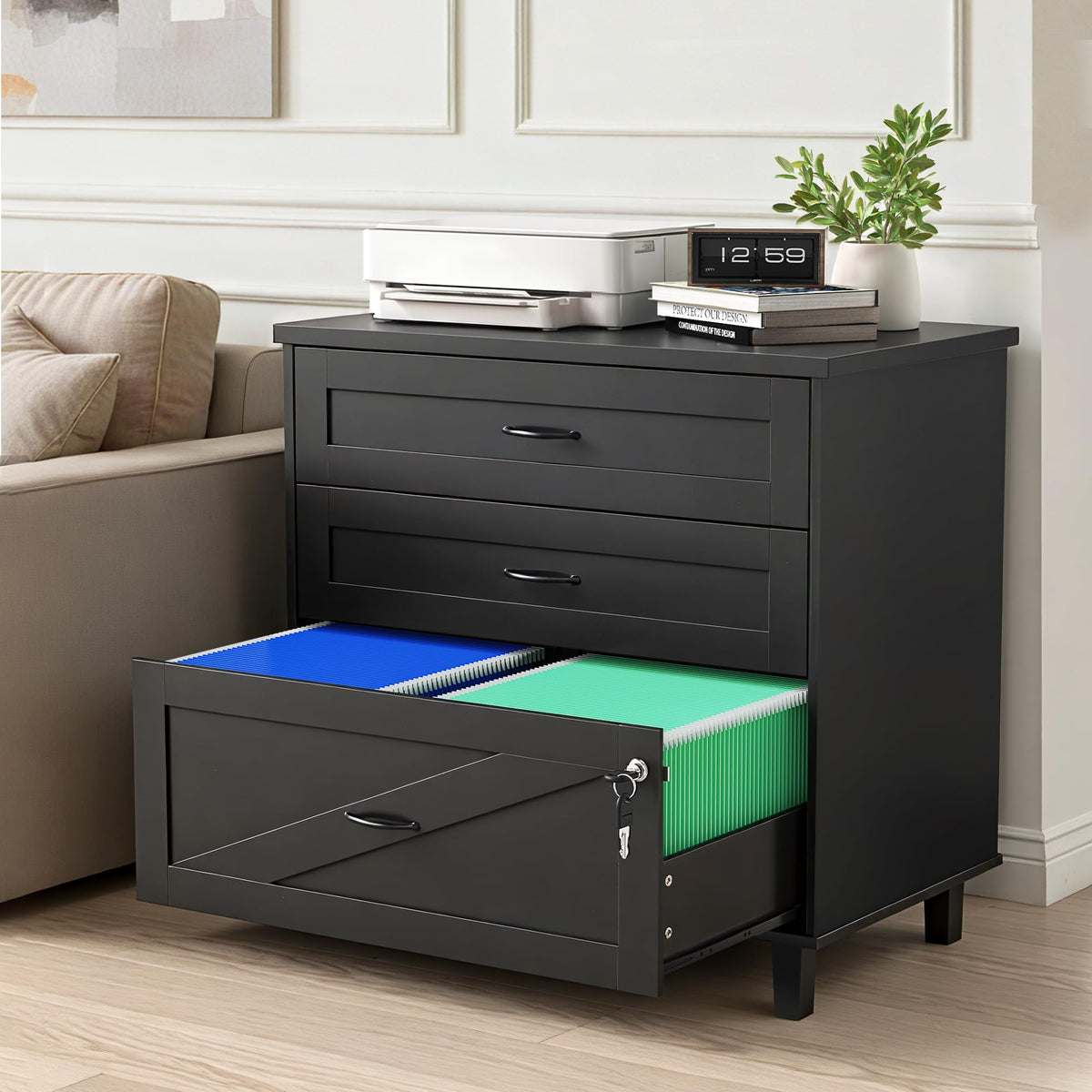 3-Drawer Wooden File Cabinet with Lock S36845