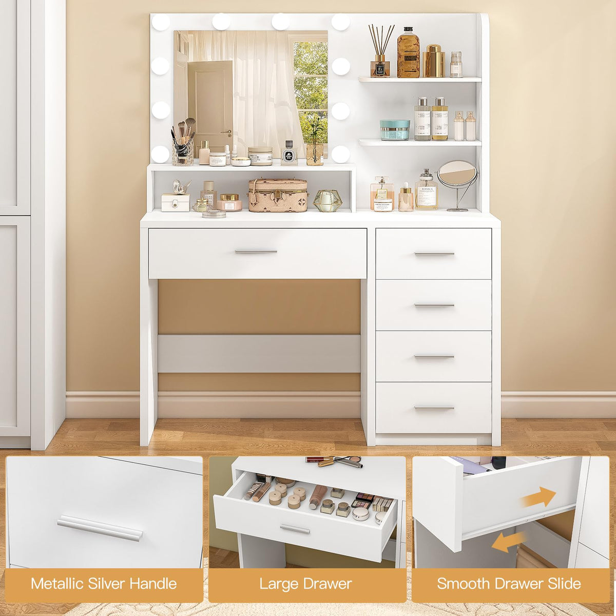 White Vanity Desk with Mirror & Lights, 5 Drawers & Storage Shelves Z878244