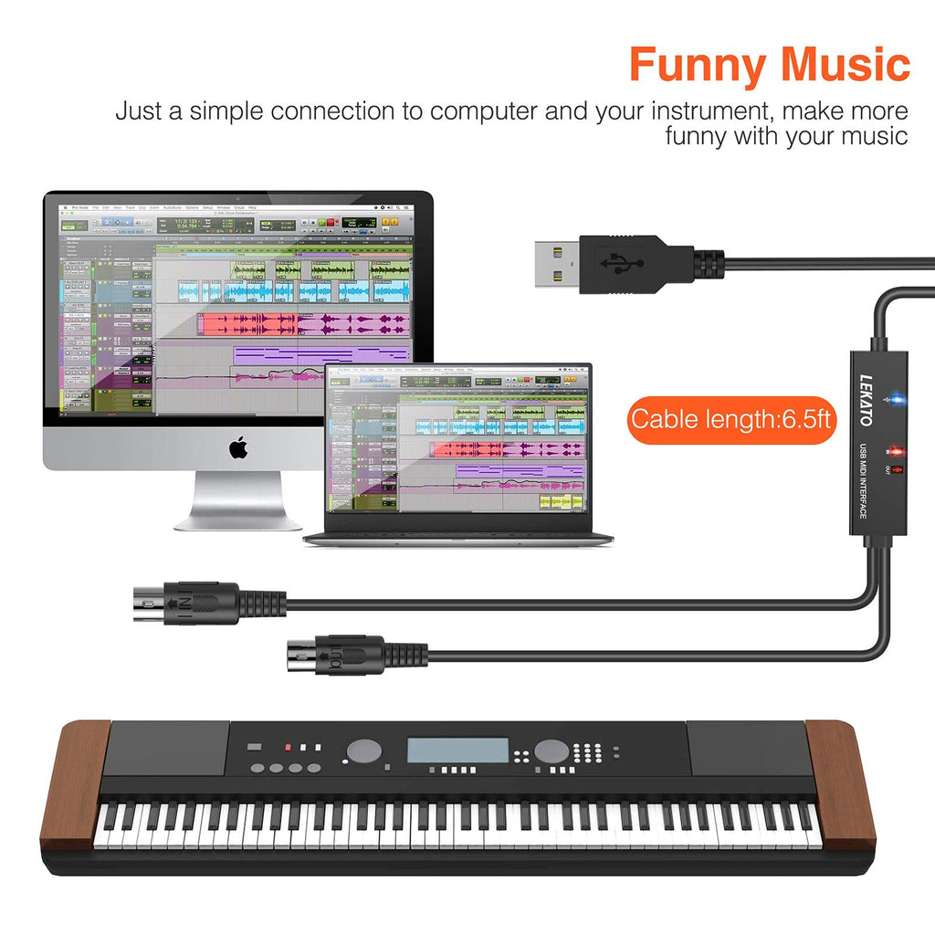 USB MIDI Cable 6.5Ft with Input & Output P33610