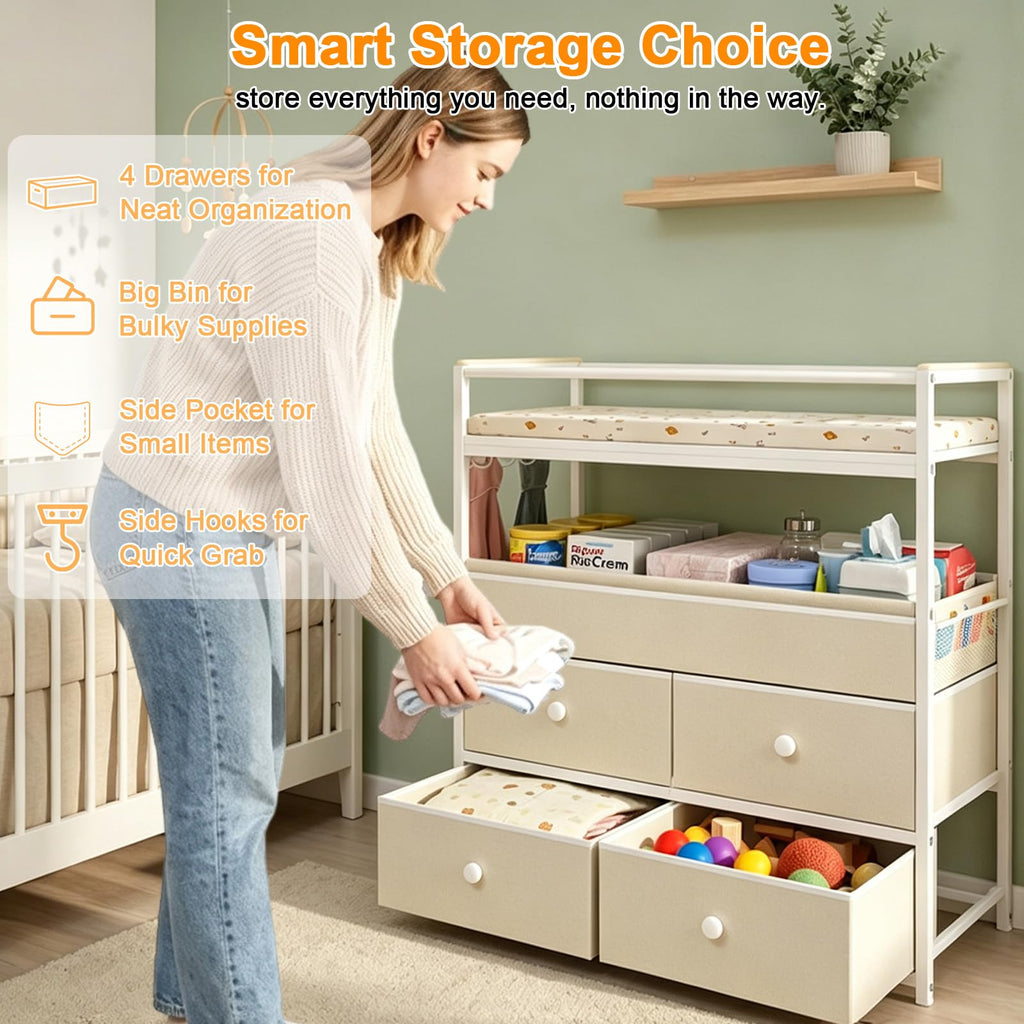 Baby Diaper Changing Table Dresser with Safety Bumper and 4 Drawer A78981