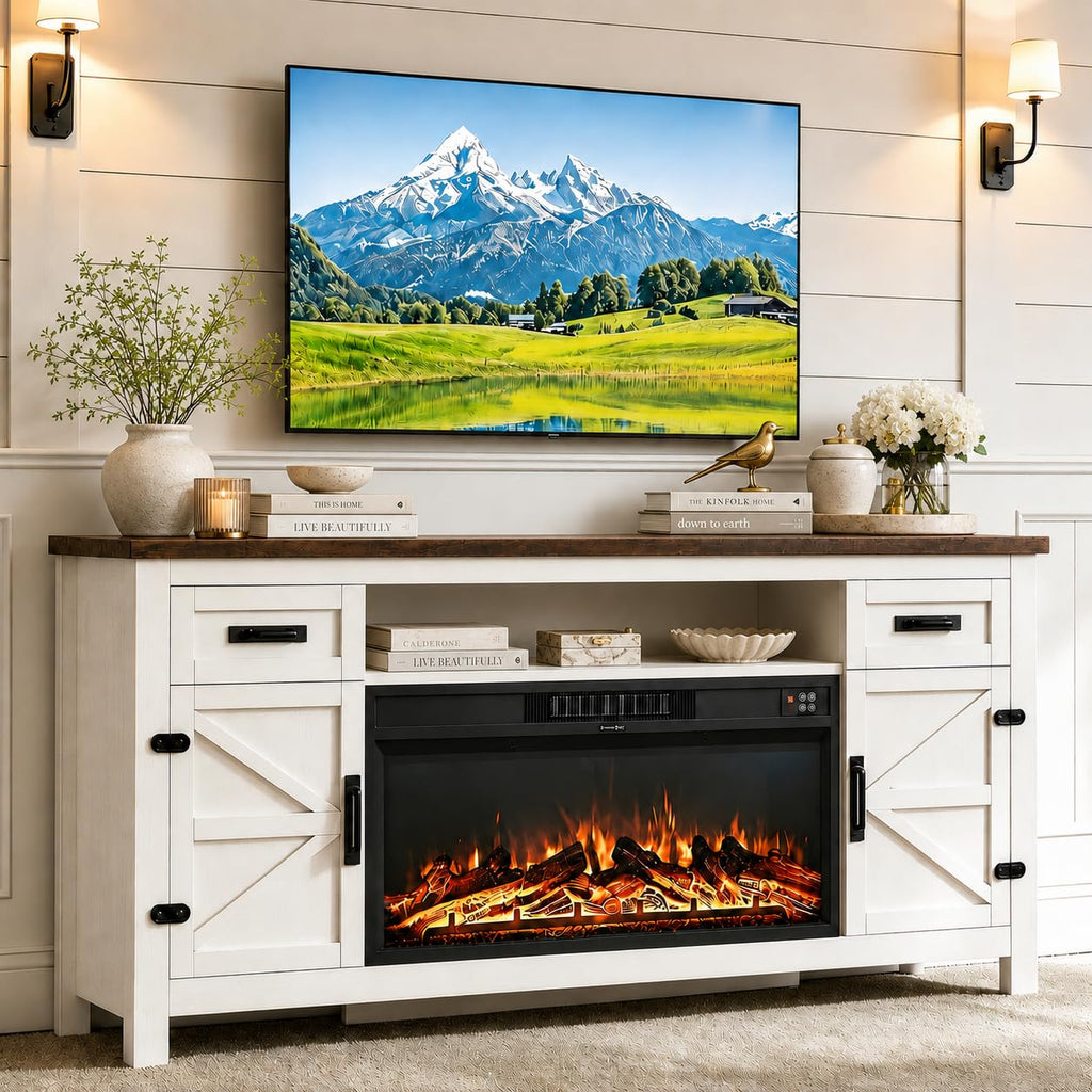 White 70 inch Fireplace TV Stand with Barn Door Y250117