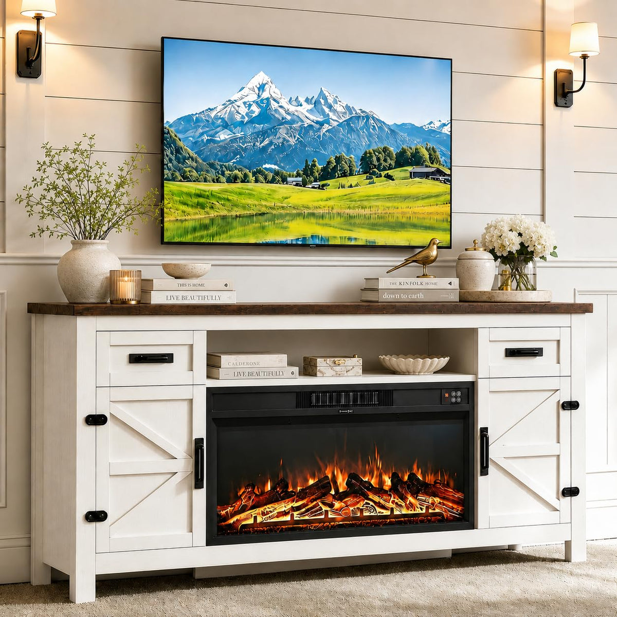 White 70 inch Fireplace TV Stand with Barn Door Y250117