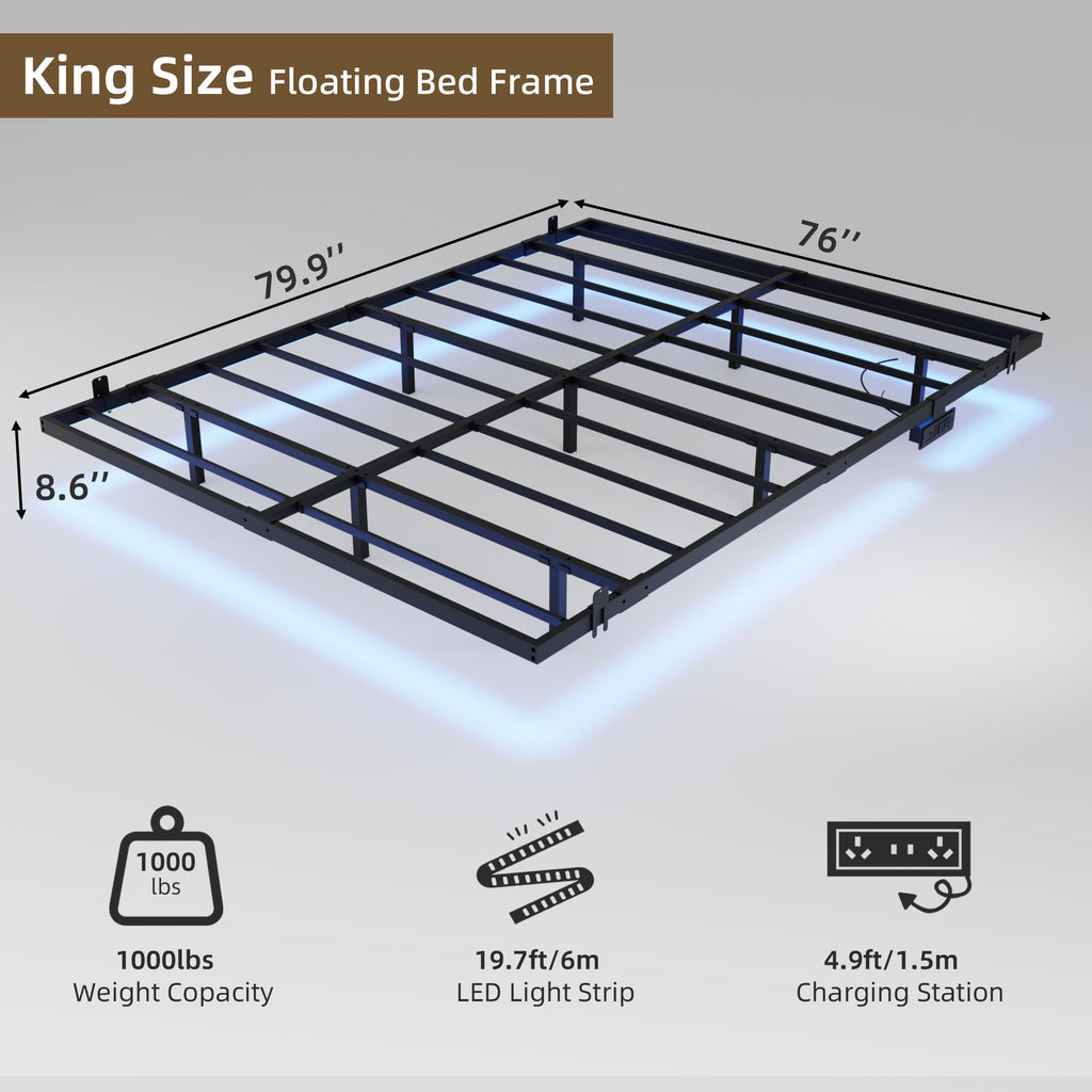 King Size Metal Platform Bed Frame with Charging Station and LED Lights F53552