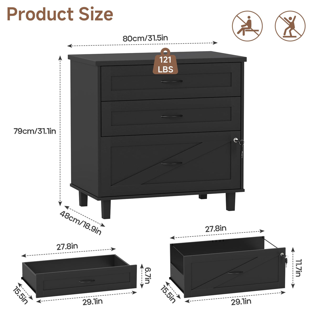 3-Drawer Wooden File Cabinet with Lock S36845