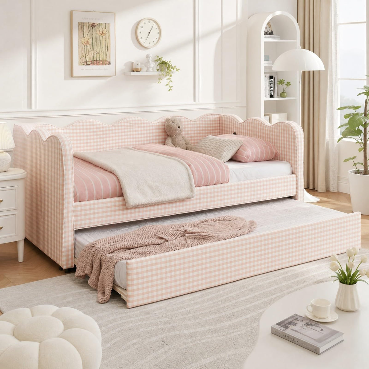 Pink Twin Size Linen Upholstered Daybed with Trundle D470097