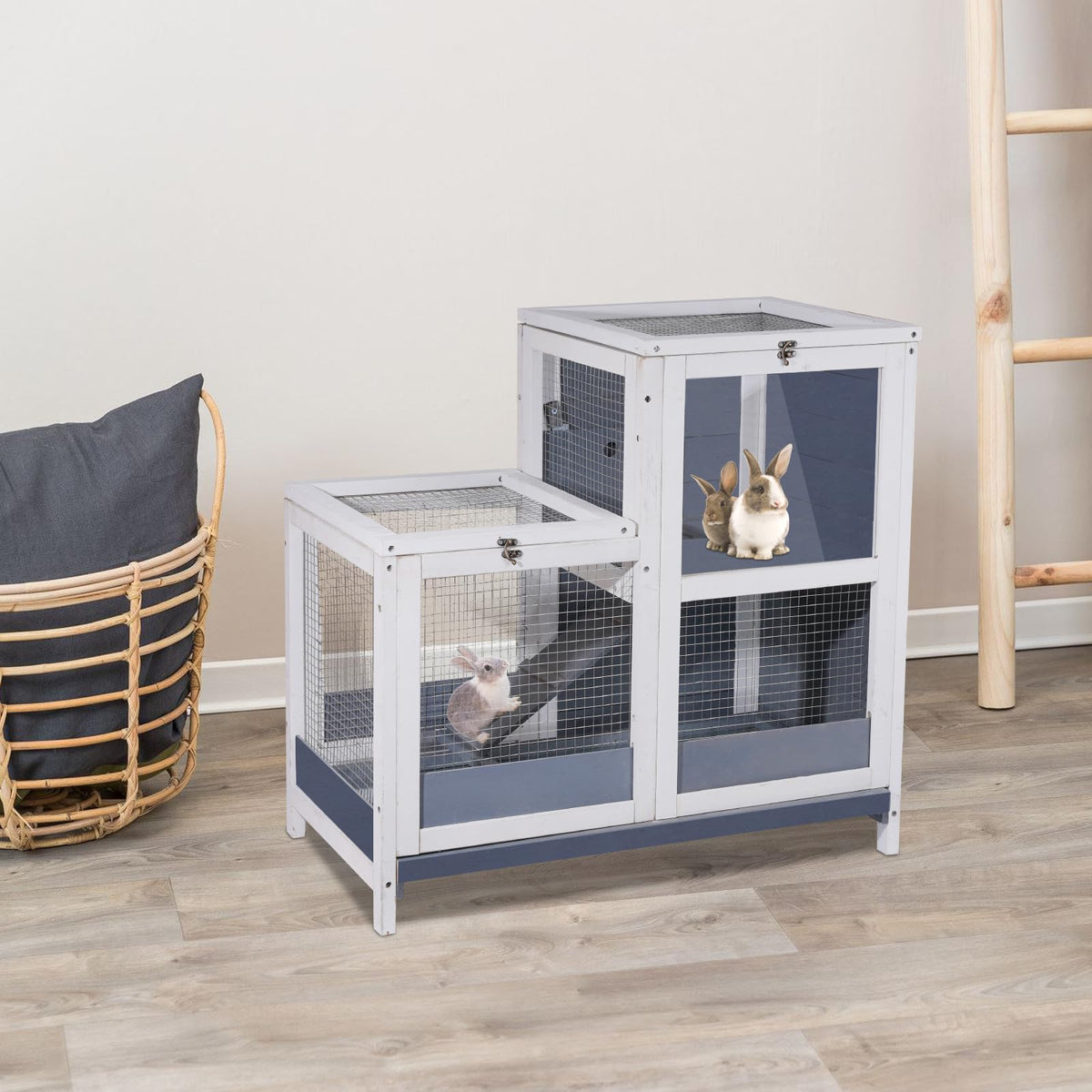 2-Story Wooden Small Animal Cage with Removable Tray and Ramp A382104
