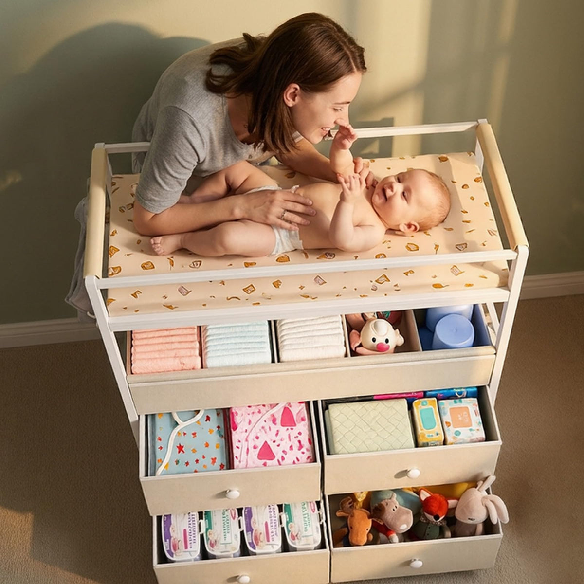 Baby Diaper Changing Table Dresser with Safety Bumper and 4 Drawer A78981